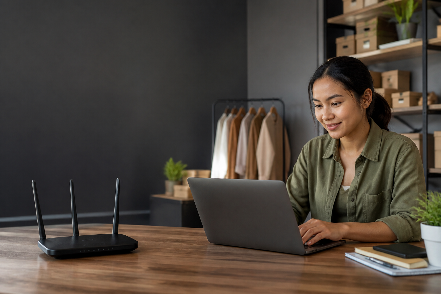 Pemilik usaha menggunakan internet WiFi di kantor